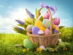 Gekleurde paaseieren in een mandje met strik en blauwe druifjes